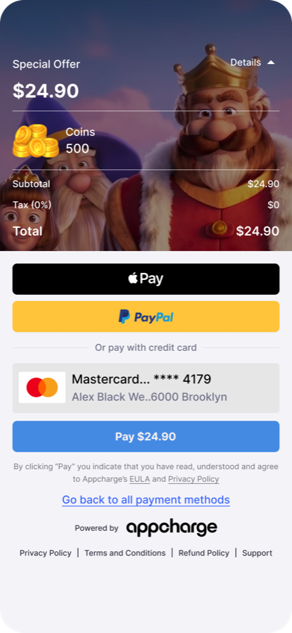 Appcharge in-app checkout — coins bundle, Apple Pay / PayPal / saved card, 'Powered by Appcharge'