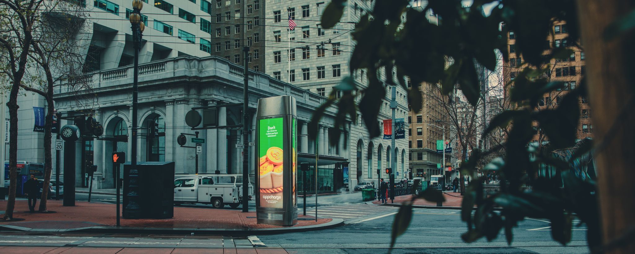Appcharge OOH live on a San Francisco street — branded JCDecaux kiosk