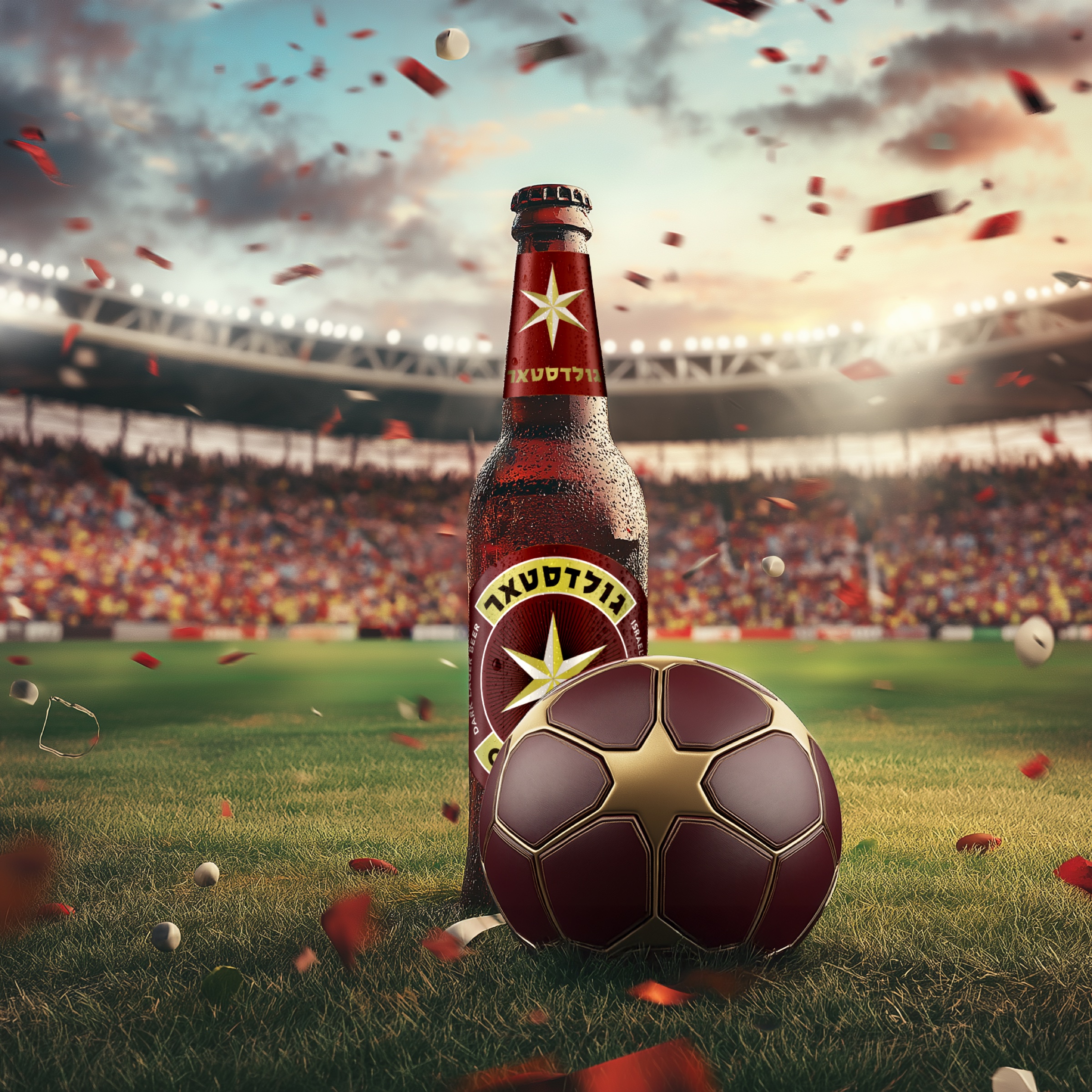 Goldstar bottle and football, single-light stadium pitch