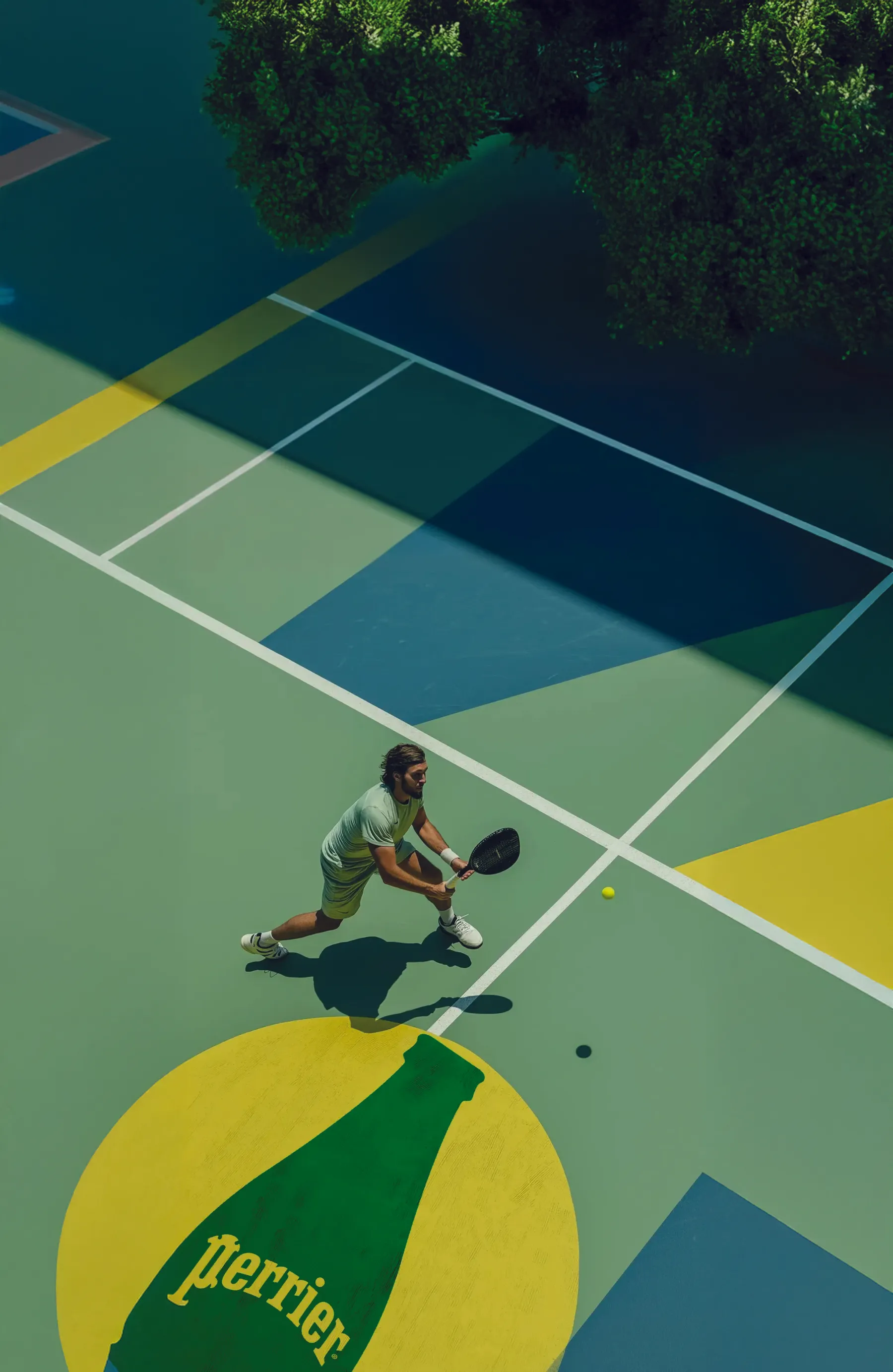 An overhead concept render of a player on the geometric Perrier court graphic