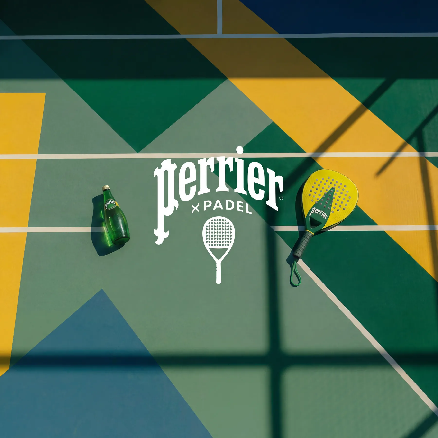 A green, yellow and blue geometric court graphic with the Perrier × Padel wordmark, a bottle and a paddle
