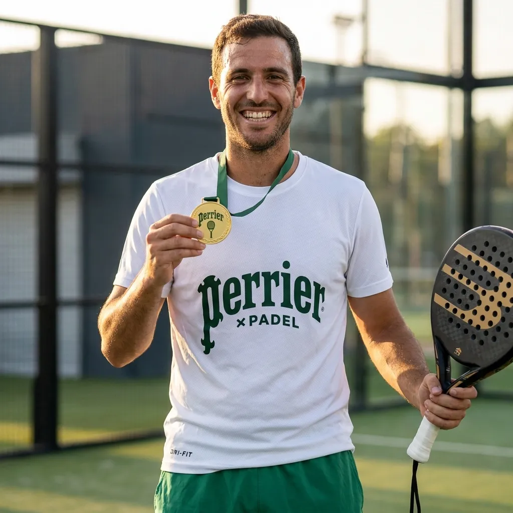 A player in a Perrier × Padel tee holding a gold medal and racket